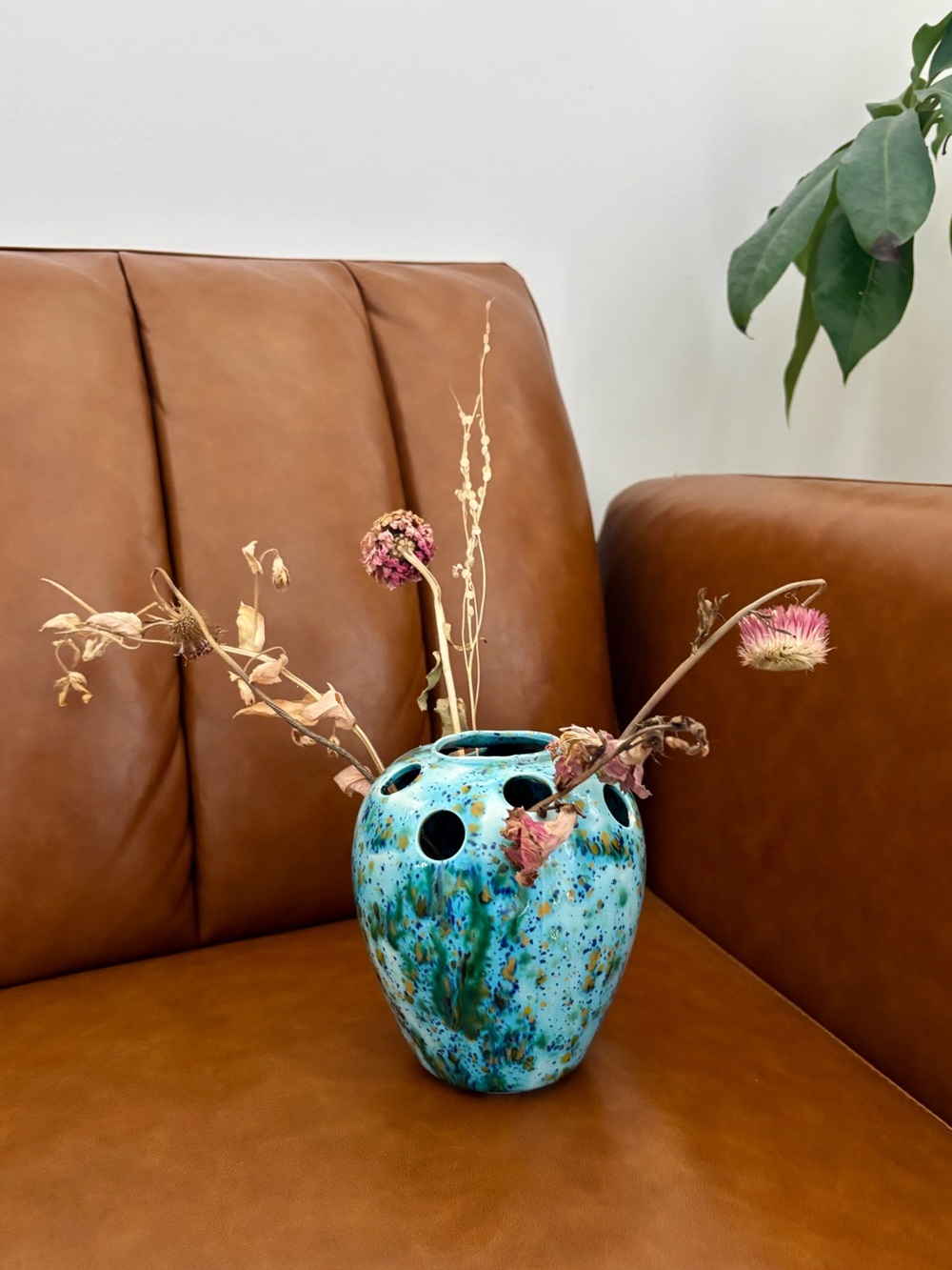 Vintage Turquoise Blue Speckled Flower Frog Vase